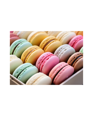 Box of French Macarons in Pastel colors with chocolate and white ganache filling