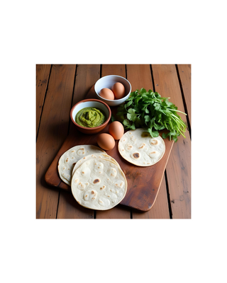 Board with flour Tortillas, Cilantro, Eggs and Salsa Verde