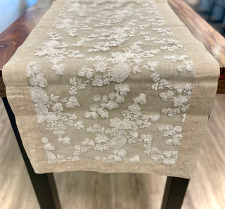 Handcrafted Burano Table Runner w/ Lace Overlay - Natural/Ivory - La Cuisine