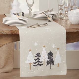 Embroidered Christmas Trees Runner - Natural - La Cuisine