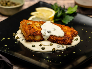 Panko Crusted Halibut with Lemon Caper Sauce