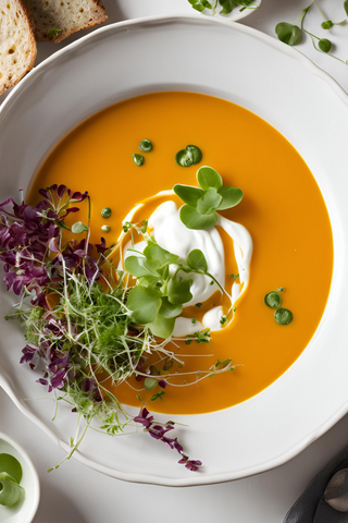 Carrot Ginger Soup with Creme Fraiche and Micro Greens