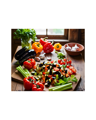whole and chopped eggplant, celery, tomatoes, red pepper and garlic