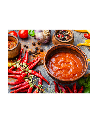 Bowl of Hot Roja Salsa, Chile Peppers, Garlic and Spices