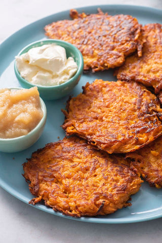 Oven Fried Sweet Potato Latkes (Pancakes) with Apple Chutney and Cinnamon Sour Cream