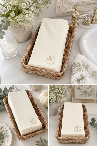 Set of 16 Cream Pumpkin Fall Thanksgiving Dinner Napkins by EnFete, LLC, featuring autumn-themed pumpkin design for festive table setting