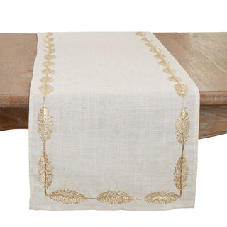 Intricate Leaf Pattern Embroidered Table Runner - Natural