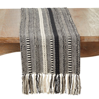14"x72" Fringe Detail Braided Stripe Table Runner - Black