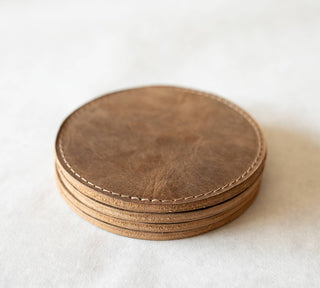 Leather Sewn Coaster Set: Folklore Brown / Small