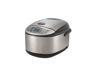 Zojirushi Micom 10-cup rice cooker and warmer with PFAS-free non-stick inner pot, digital control panel, and steaming tray.