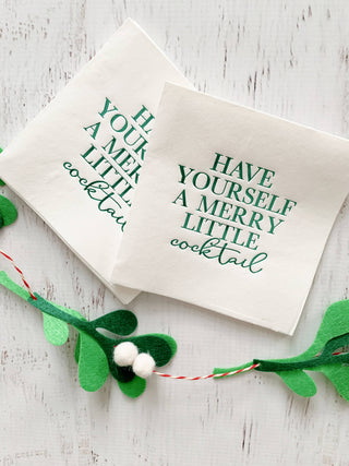 Set of green Merry Little Cocktail Napkins by EnFete, LLC, featuring festive holiday design for parties and celebrations.