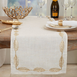 Intricate Leaf Pattern Embroidered Table Runner - Natural