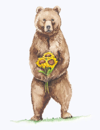 Hand painted card, Brown Bear with flowers, whimsical spring: Single Card - La Cuisine
