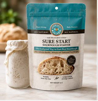 Dried sourdough starter culture in a small packet from My Rustic Roots, used for artisanal bread baking.