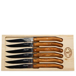 Jean Dubost 6 Steak Knives Olive Wood Handles in a Box - La Cuisine