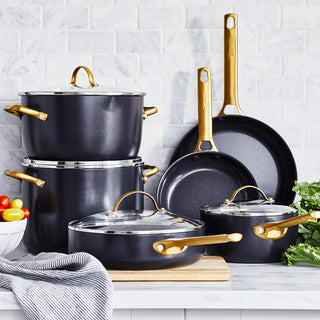 Reserve Ceramic Nonstick 10 and 12 Frypan Set | Charcoal with Gold-Tone  Handles