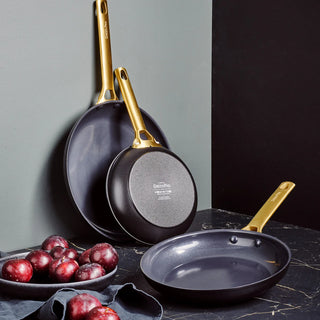 Reserve Ceramic Nonstick 8", 9.5" AND 11" Frypan Set - Black w/ Gold-Tone Handles - La Cuisine