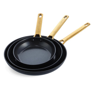 Reserve Ceramic Nonstick 8", 9.5" AND 11" Frypan Set - Black w/ Gold-Tone Handles - La Cuisine