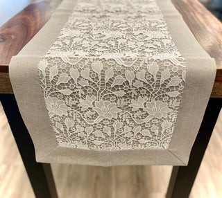 Handcrafted Burano Table Runner w/ Lace Overlay - Taupe/White - La Cuisine