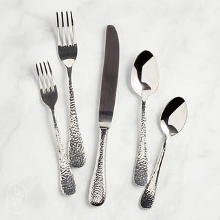 Mepra SPA Epoque flatware set with five-piece place setting, including fork, knife, spoon, and teaspoons, with a polished mirror finish.