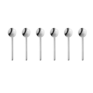 Set of six Mepra SPA Stile espresso spoons in stainless steel, featuring sleek flatware design perfect for coffee service.