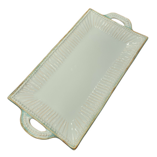Oblong Handled Stoneware Platter, Mint Green - La Cuisine