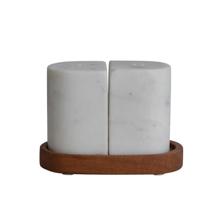 Marble Salt & Pepper Shakers w/ Acacia Wood Tray, White & Natural - La Cuisine