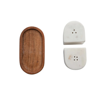 Marble Salt & Pepper Shakers w/ Acacia Wood Tray, White & Natural - La Cuisine