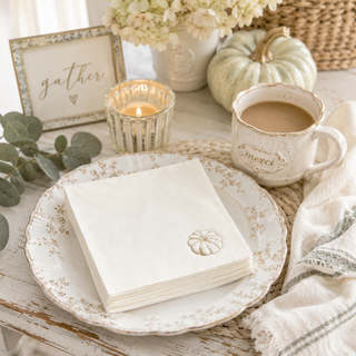 Cream Pumpkin fall Thanksgiving luncheon napkins with pumpkin print from EnFete, LLC, perfect for holiday table settings.