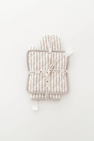 Oven Mitt + Potholder Set in Oatmeal Linen Stripe