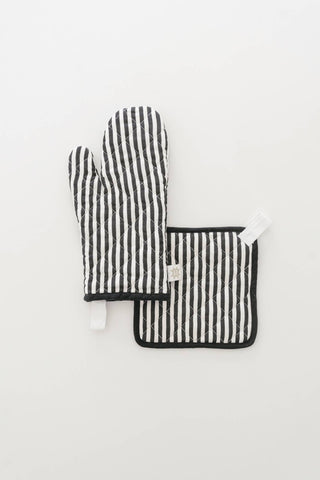 Oven Mitt + Potholder - Quilted Linen Set in Navy Blue