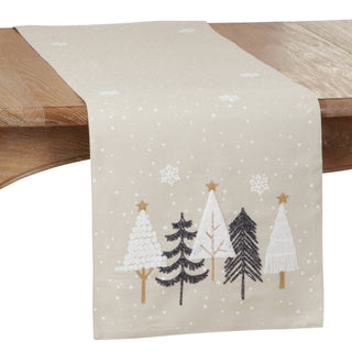 Embroidered Christmas Trees Runner - Natural - La Cuisine