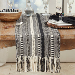 14"x72" Fringe Detail Braided Stripe Table Runner - Black