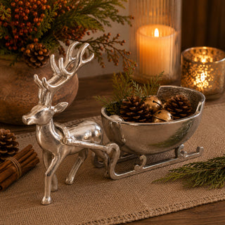 Silver decorative reindeer bowl with holiday design, measuring 15x5x11 inches, from Saro Lifestyle holiday decor collection.
