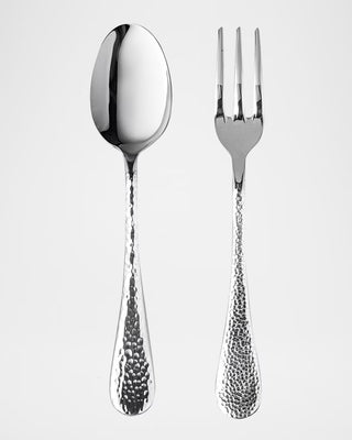 Mepra SPA Epoque flatware serving spoon and fork set with sleek stainless steel design on a white background.